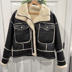 Faux Leather Sherpa Lined Jacket - Black/Cream